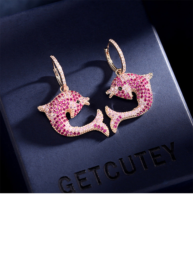 Brilliant and Lovely Plated Gold Dolphin Earrings with Rose Red Cubic Zirconia - Luxurious Look - Vibrant Color