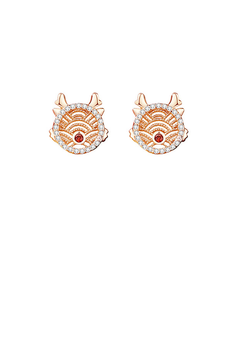 925 Sterling Silver Plated Rose Gold Fashion Simple Hollow Pattern Chinese Zodiac Dragon Stud Earrings with Cubic Zirconia - Luxurious Look
