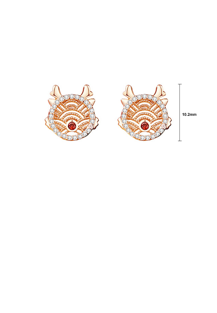 925 Sterling Silver Plated Rose Gold Fashion Simple Hollow Pattern Chinese Zodiac Dragon Stud Earrings with Cubic Zirconia - Luxurious Look