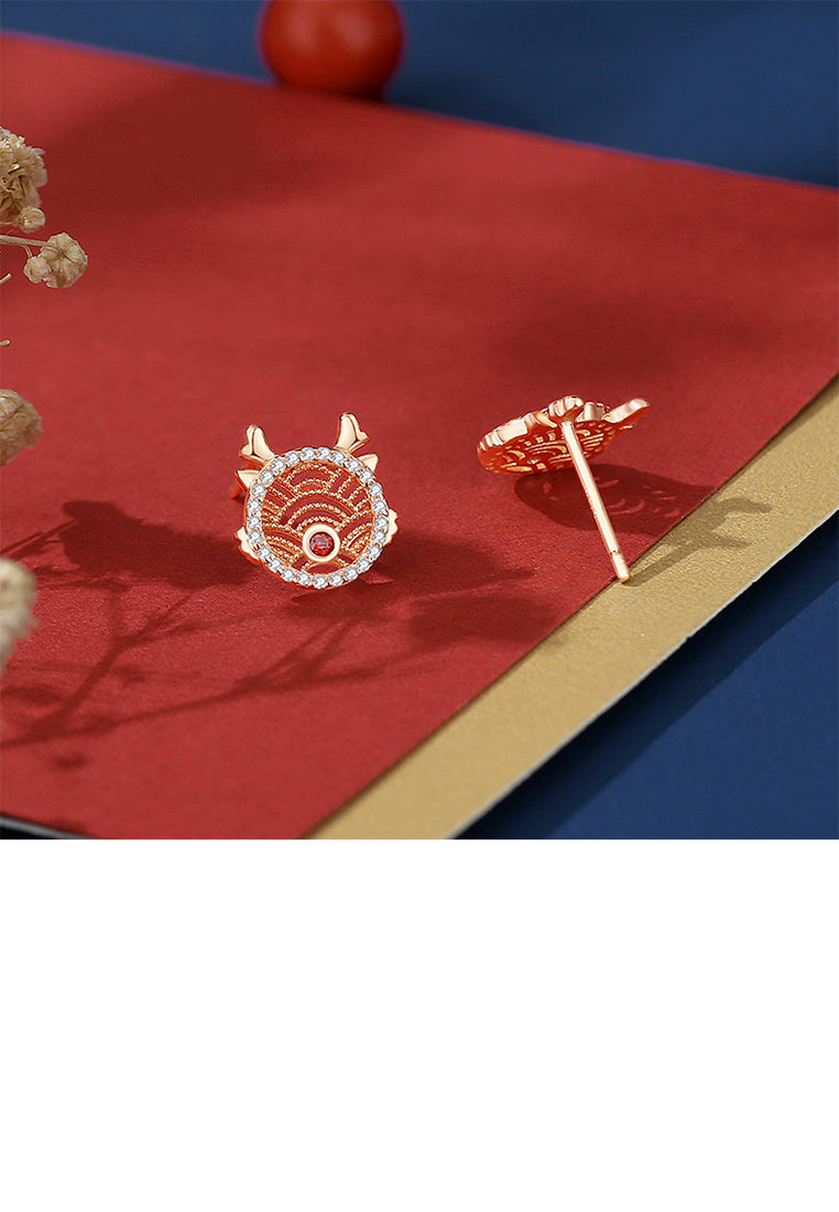 925 Sterling Silver Plated Rose Gold Fashion Simple Hollow Pattern Chinese Zodiac Dragon Stud Earrings with Cubic Zirconia - Luxurious Look