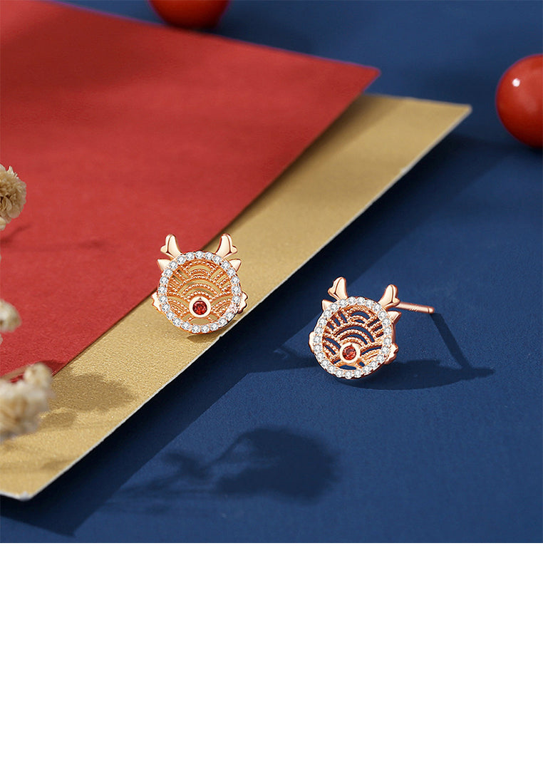 925 Sterling Silver Plated Rose Gold Fashion Simple Hollow Pattern Chinese Zodiac Dragon Stud Earrings with Cubic Zirconia - Luxurious Look