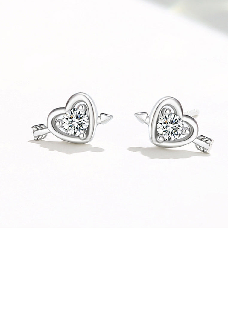 925 Sterling Silver Simple Romantic Cupid's Arrow Heart Stud Earrings with cubic Zirconia - Luxurious Look