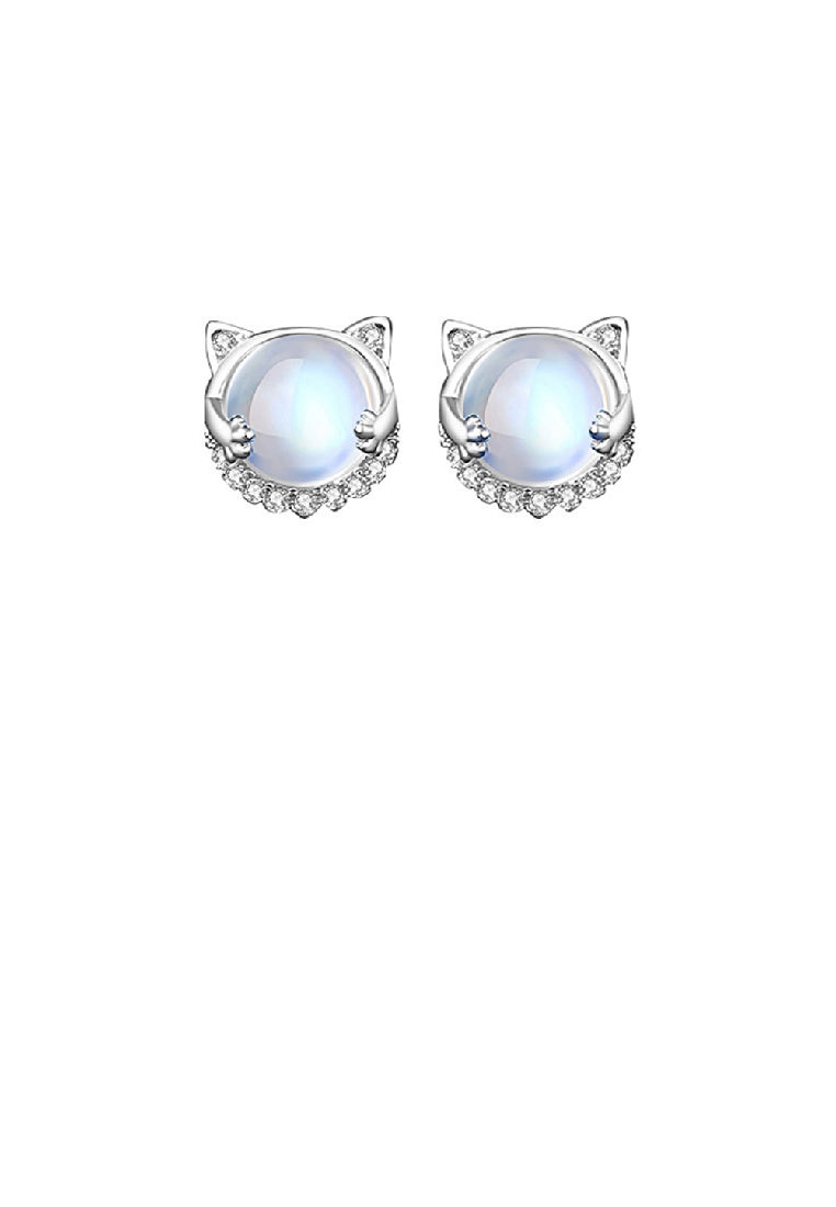 925 Sterling Silver Cute and Sweet Cat Moonstone Stud Earrings with Cubic Zirconia - Luxurious Look