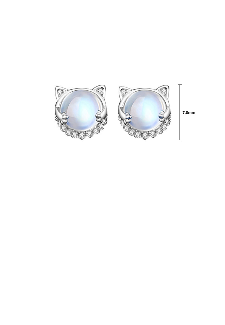 925 Sterling Silver Cute and Sweet Cat Moonstone Stud Earrings with Cubic Zirconia - Luxurious Look