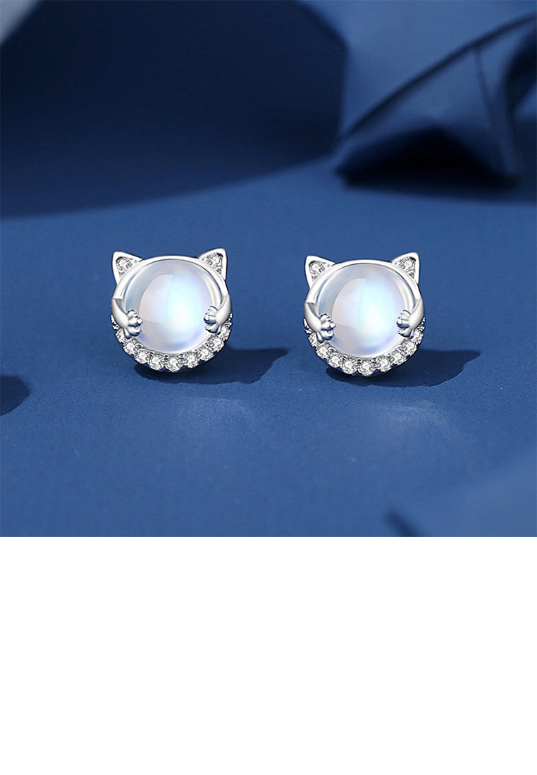 925 Sterling Silver Cute and Sweet Cat Moonstone Stud Earrings with Cubic Zirconia - Luxurious Look