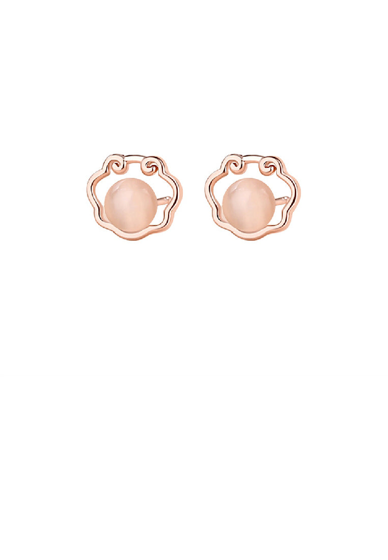 925 Sterling Silver Plated Rose Gold Simple Vintage Ping An Lock Imitation Opal Stud Earrings
