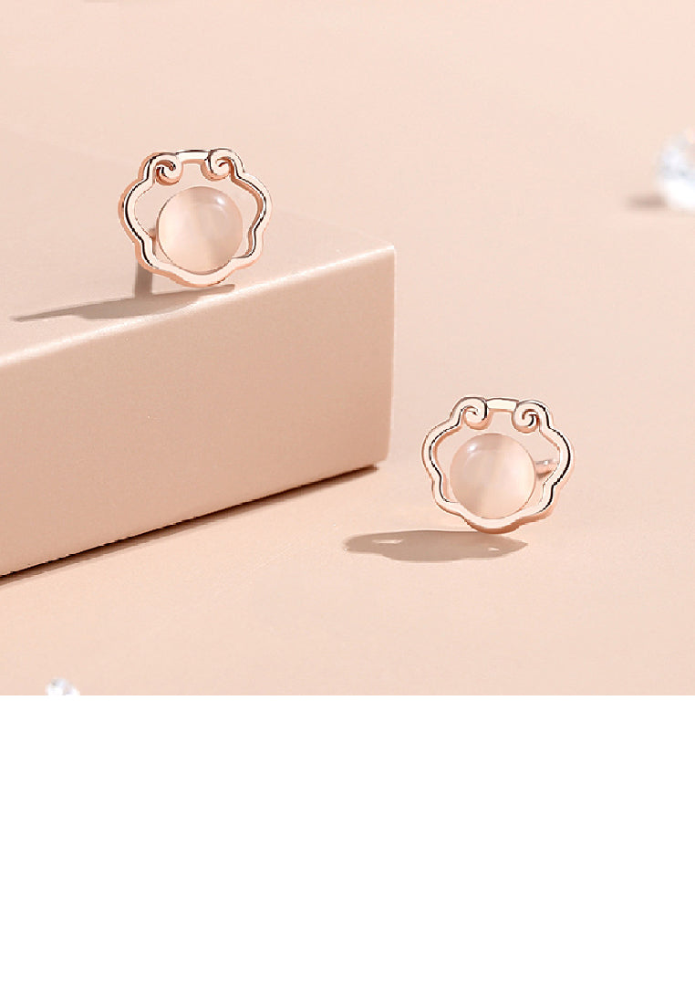 925 Sterling Silver Plated Rose Gold Simple Vintage Ping An Lock Imitation Opal Stud Earrings