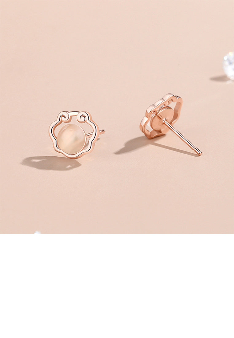 925 Sterling Silver Plated Rose Gold Simple Vintage Ping An Lock Imitation Opal Stud Earrings
