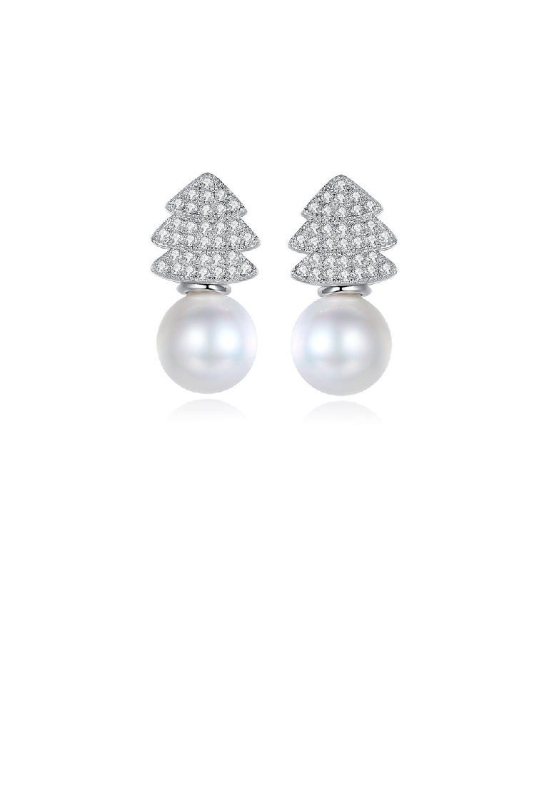Fashion Simple Christmas Tree White Imitation Pearl Stud Earrings with Cubic Zirconia - Luxurious Look