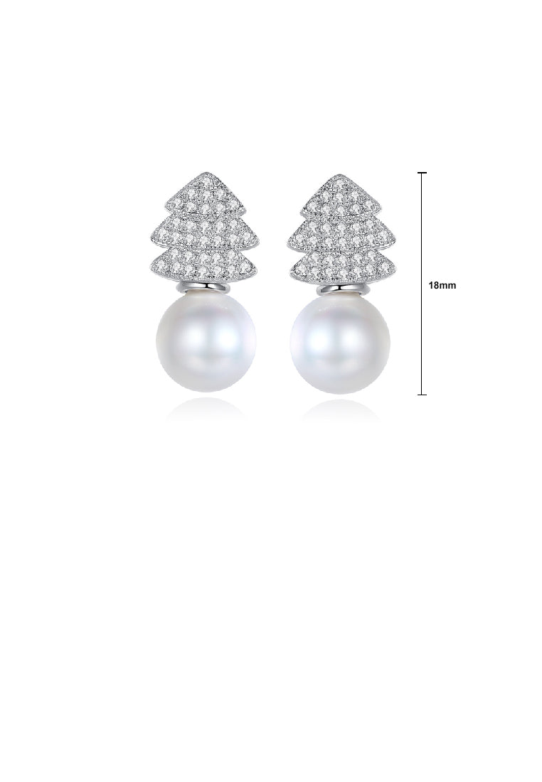 Fashion Simple Christmas Tree White Imitation Pearl Stud Earrings with Cubic Zirconia - Luxurious Look