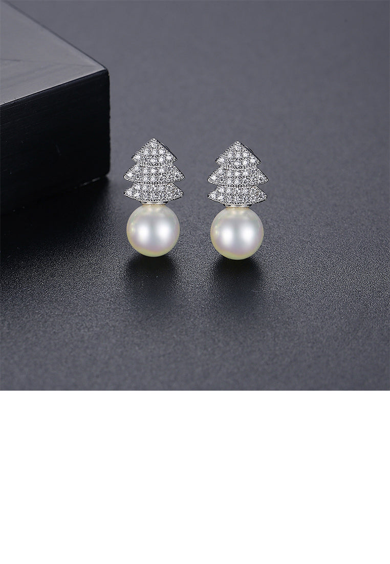Fashion Simple Christmas Tree White Imitation Pearl Stud Earrings with Cubic Zirconia - Luxurious Look