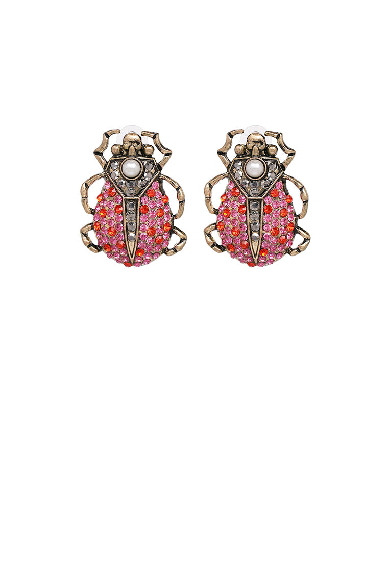 Fashion and Personalized Plated Gold Beetle Stud Earrings with Pink Cubic Zirconia - Luxurious Look - Vibrant Color