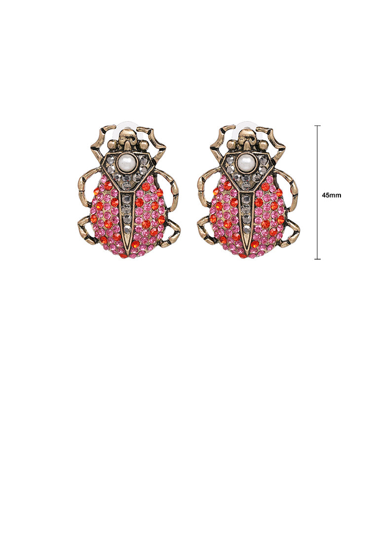 Fashion and Personalized Plated Gold Beetle Stud Earrings with Pink Cubic Zirconia - Luxurious Look - Vibrant Color