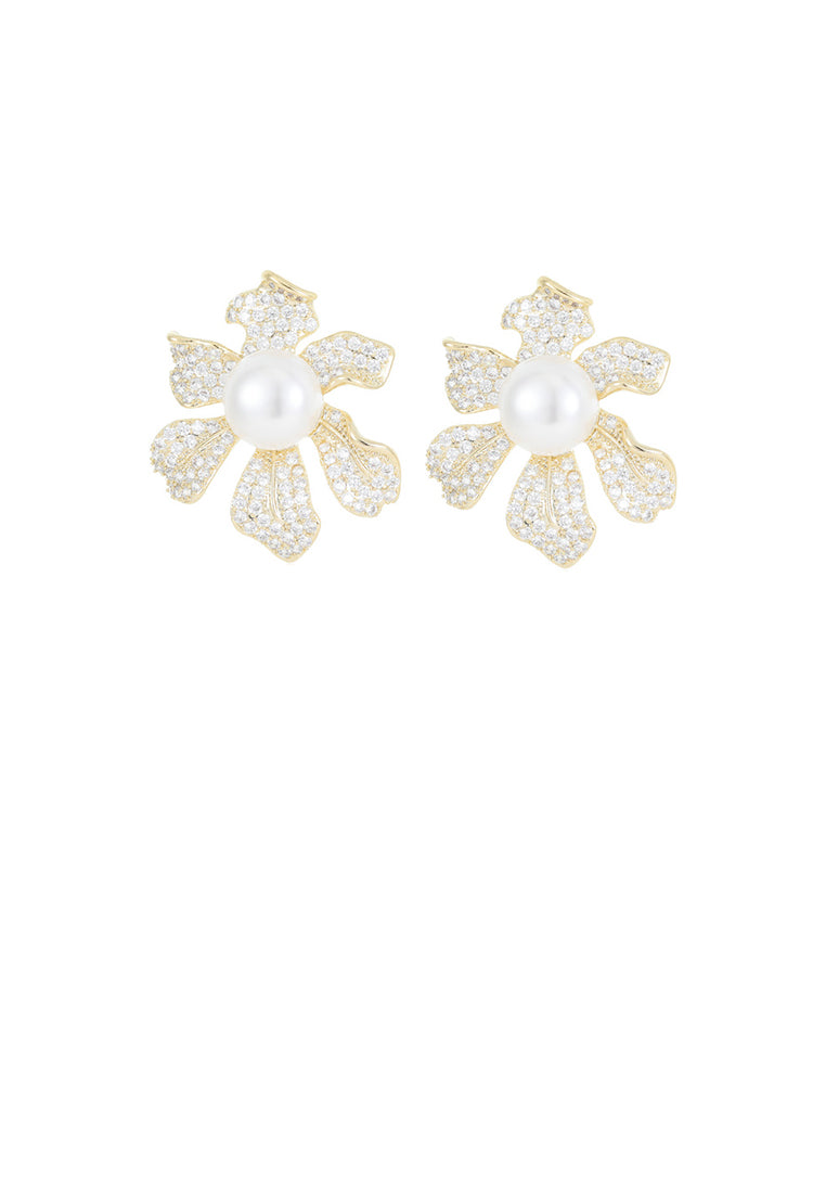 Fashion and Elegant Plated Gold Flower Imitation Pearl Stud Earrings with Cubic Zirconia - Luxurious Look