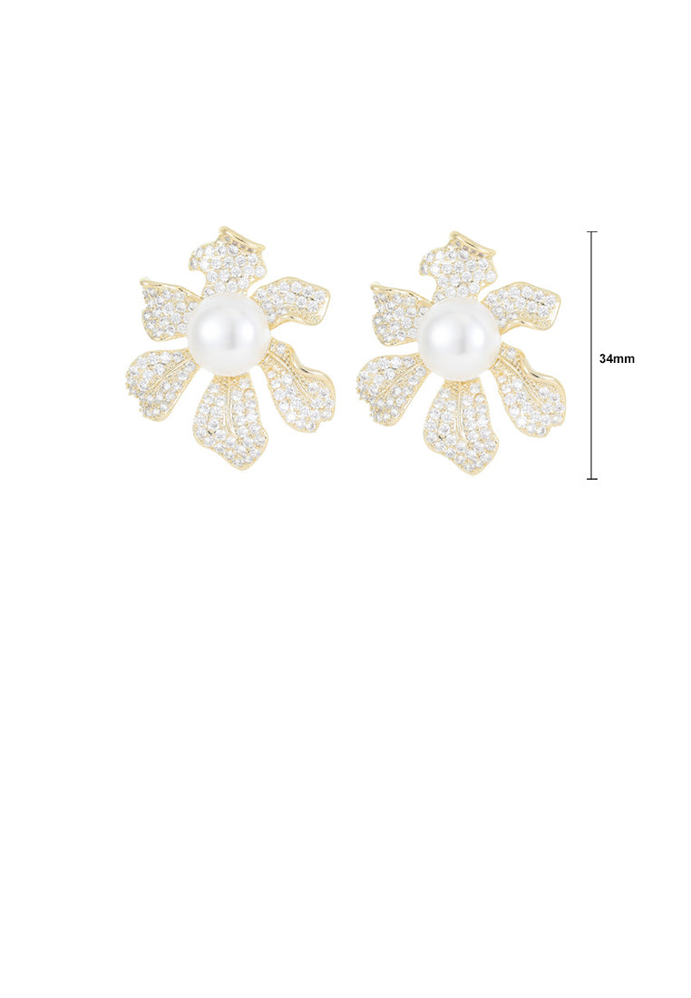 Fashion and Elegant Plated Gold Flower Imitation Pearl Stud Earrings with Cubic Zirconia - Luxurious Look