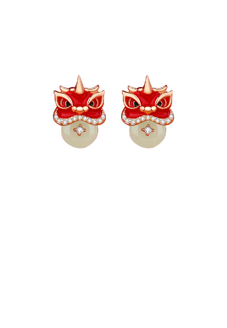 925 Sterling Silver Plated Rose Gold Fashion Vintage Lion Peace Buckle Stud Earrings with Cubic Zirconia - Luxurious Look