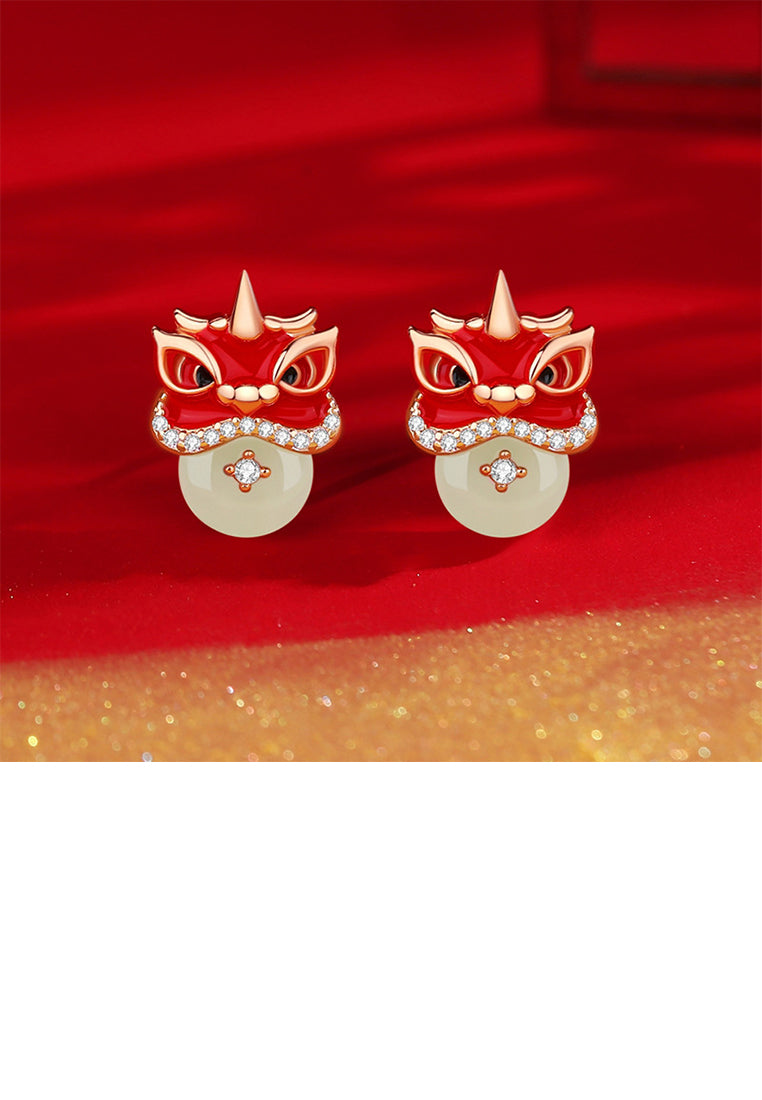 925 Sterling Silver Plated Rose Gold Fashion Vintage Lion Peace Buckle Stud Earrings with Cubic Zirconia - Luxurious Look