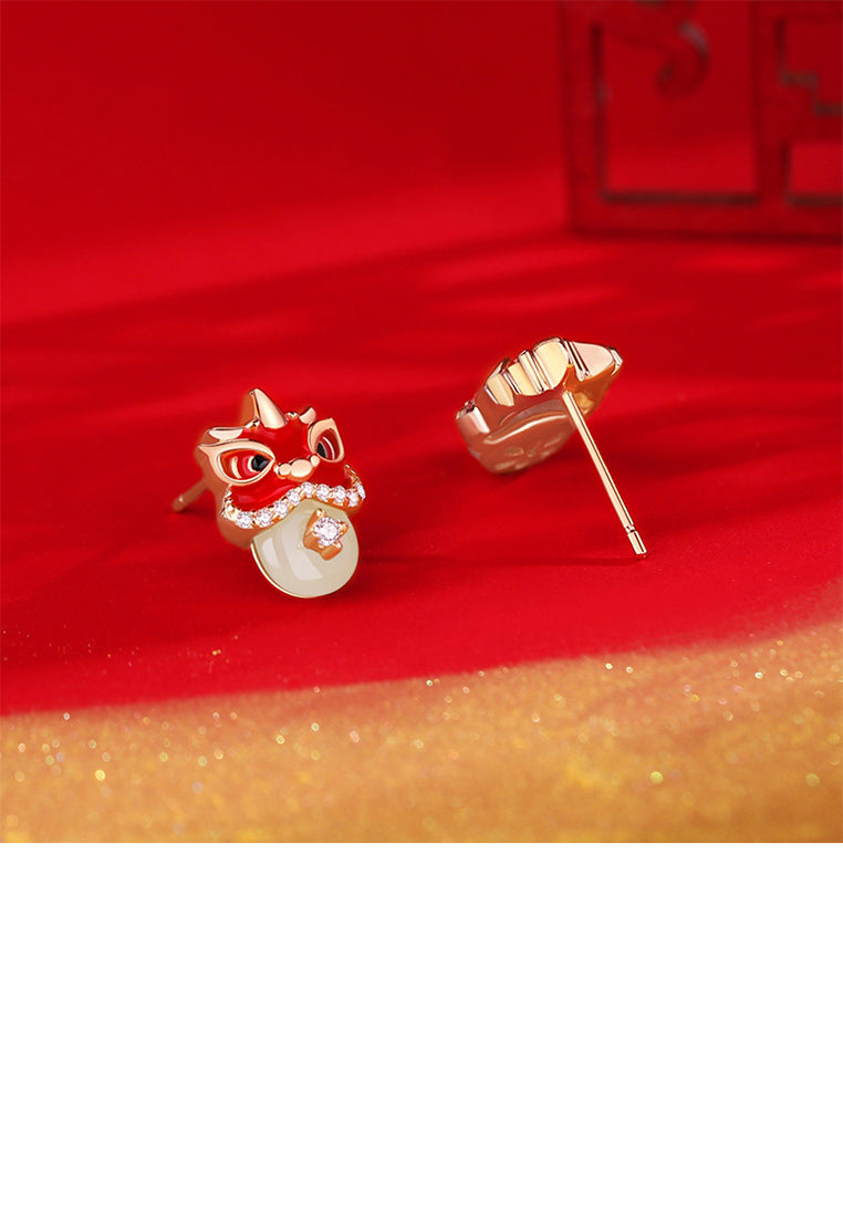 925 Sterling Silver Plated Rose Gold Fashion Vintage Lion Peace Buckle Stud Earrings with Cubic Zirconia - Luxurious Look