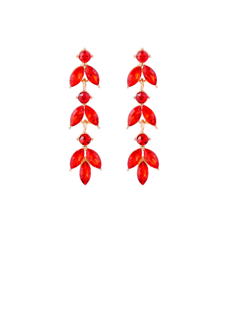 Simple and Fashion Plated Gold Leaf Tassel Earrings with Red Cubic Zirconia - Luxurious Look - Vibrant Color