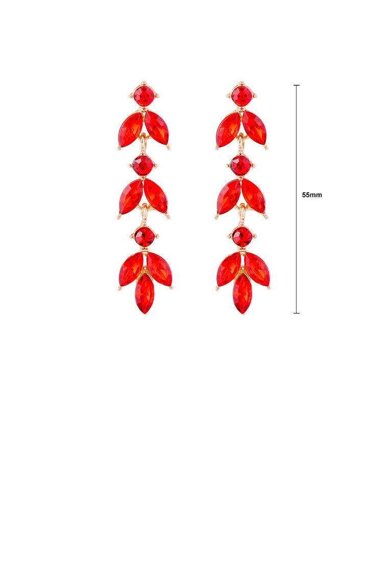 Simple and Fashion Plated Gold Leaf Tassel Earrings with Red Cubic Zirconia - Luxurious Look - Vibrant Color