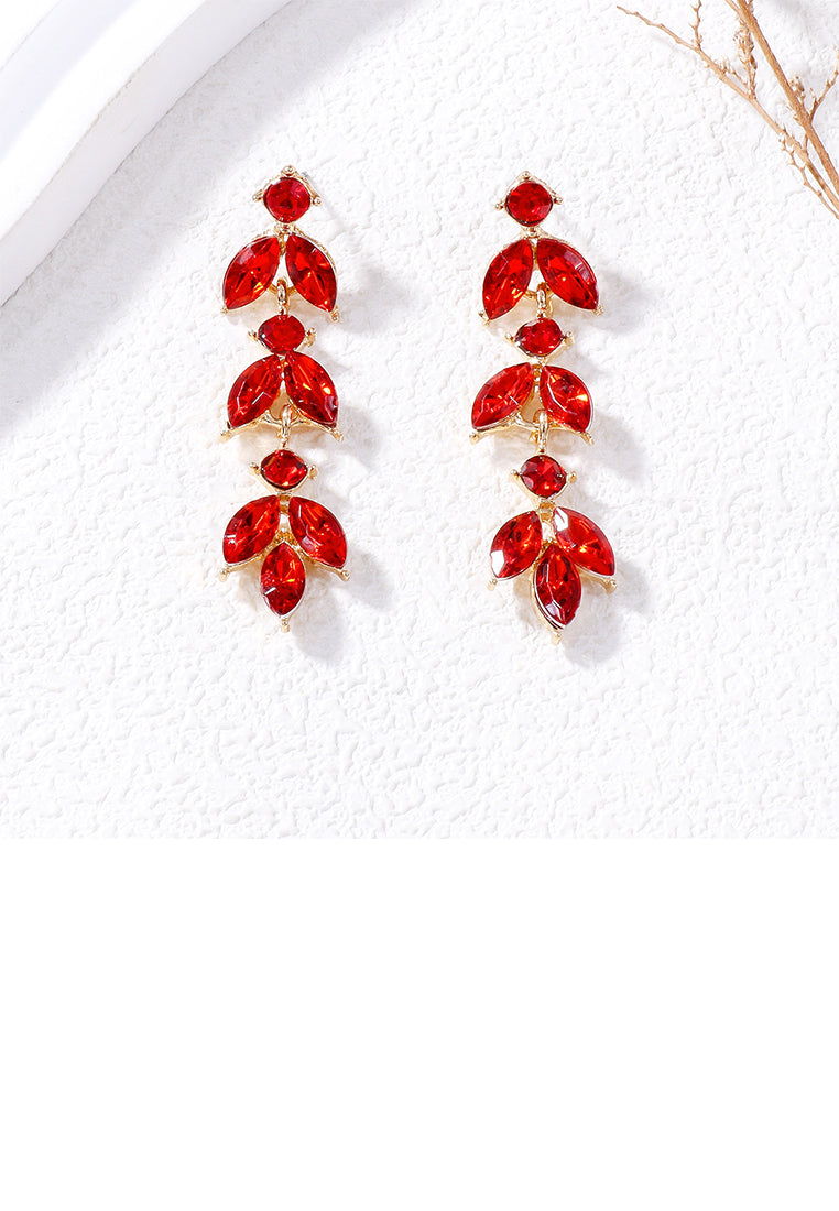 Simple and Fashion Plated Gold Leaf Tassel Earrings with Red Cubic Zirconia - Luxurious Look - Vibrant Color
