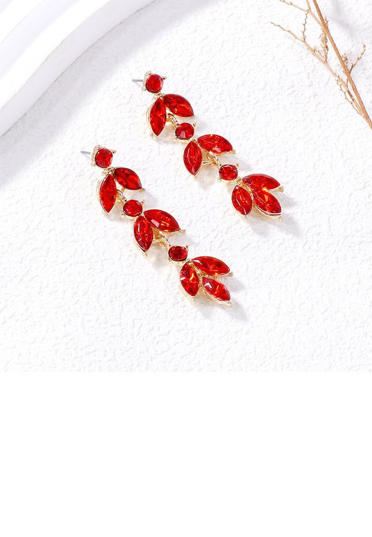 Simple and Fashion Plated Gold Leaf Tassel Earrings with Red Cubic Zirconia - Luxurious Look - Vibrant Color