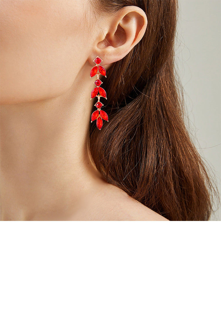 Simple and Fashion Plated Gold Leaf Tassel Earrings with Red Cubic Zirconia - Luxurious Look - Vibrant Color
