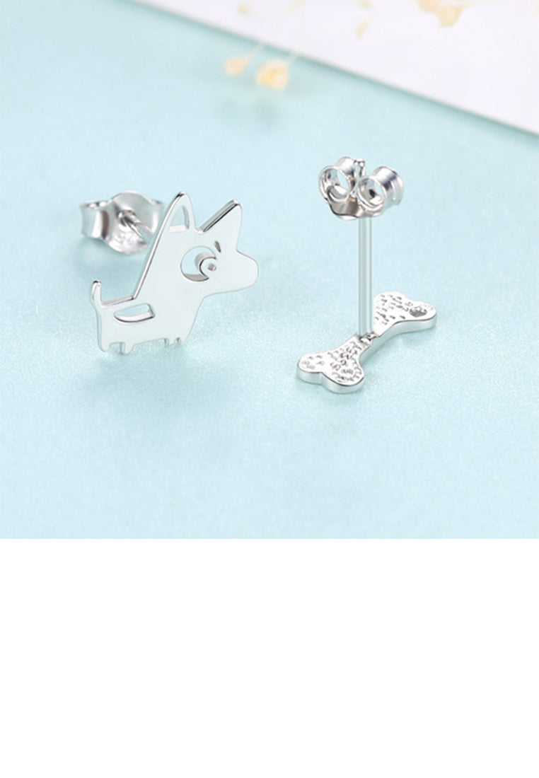 925 Sterling Silver Simple Cute Puppy Bone Asymmetrical Stud Earrings