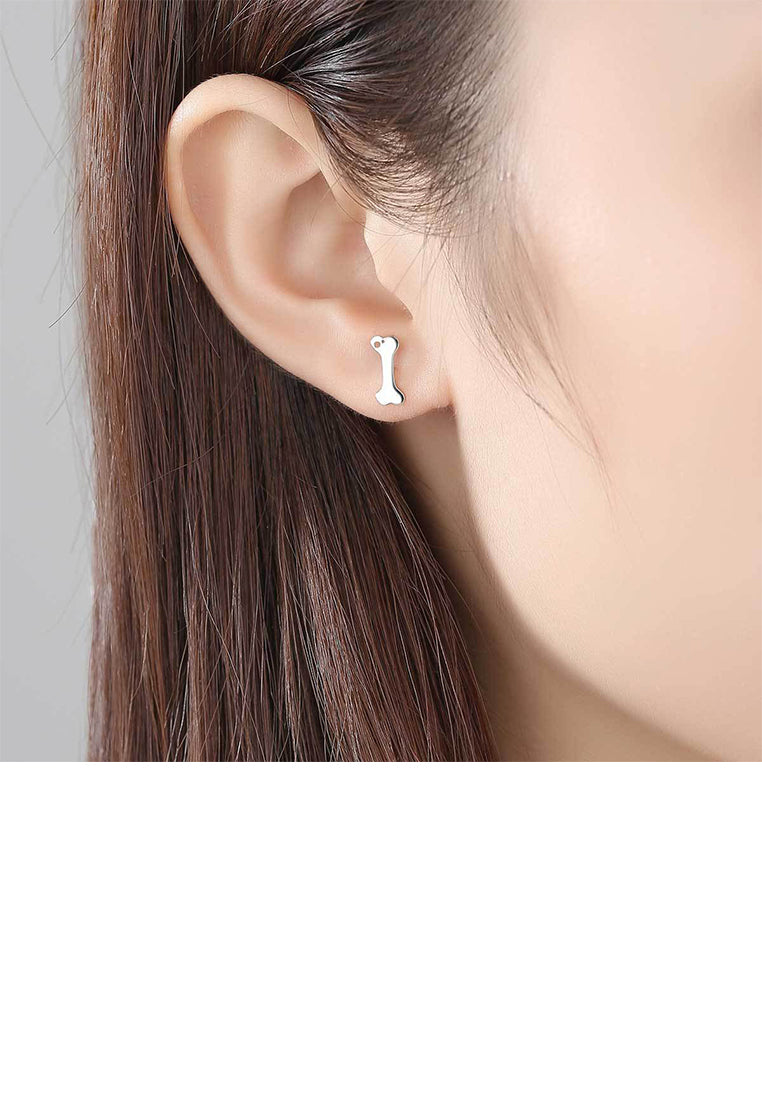 925 Sterling Silver Simple Cute Puppy Bone Asymmetrical Stud Earrings