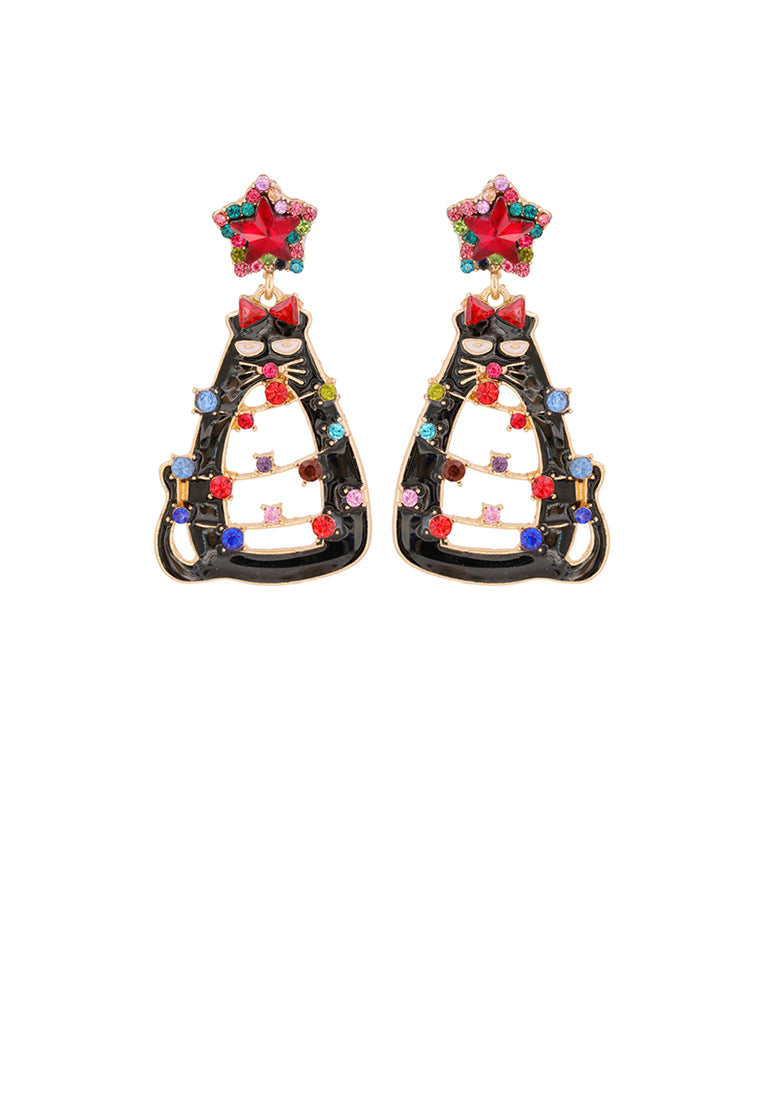 Cute Creative Plated Gold Christmas Cat Earrings with Red Cubic Zirconia - Luxurious Look - Vibrant Color