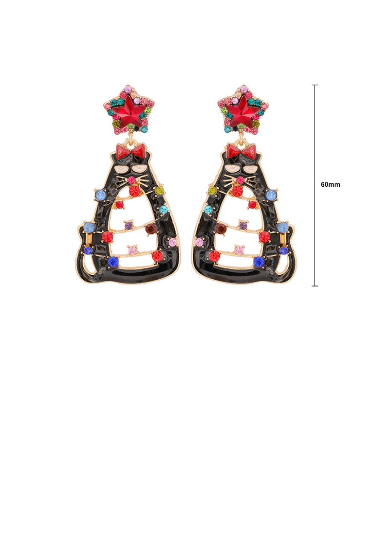 Cute Creative Plated Gold Christmas Cat Earrings with Red Cubic Zirconia - Luxurious Look - Vibrant Color