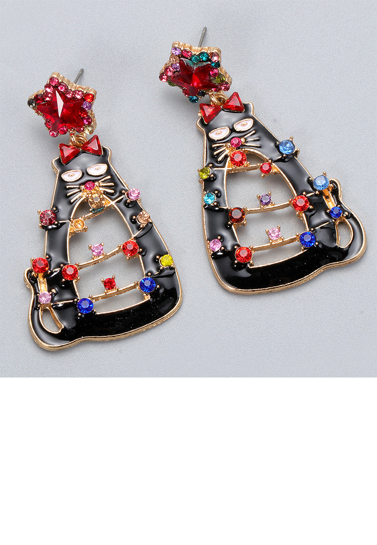 Cute Creative Plated Gold Christmas Cat Earrings with Red Cubic Zirconia - Luxurious Look - Vibrant Color