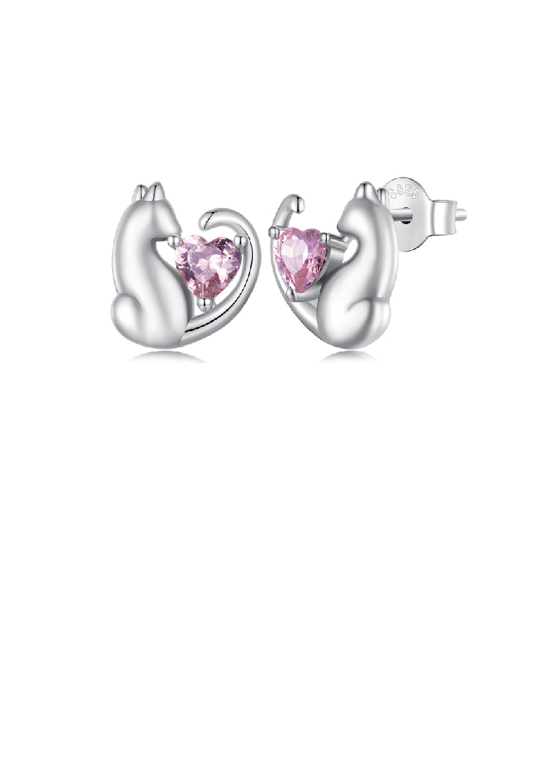 925 Sterling Silver Simple and Cute Cat Earrings with Pink Cubic Zirconia - Luxurious Look - Vibrant Color