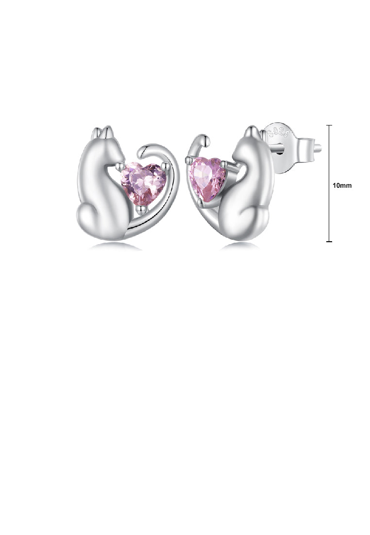 925 Sterling Silver Simple and Cute Cat Earrings with Pink Cubic Zirconia - Luxurious Look - Vibrant Color