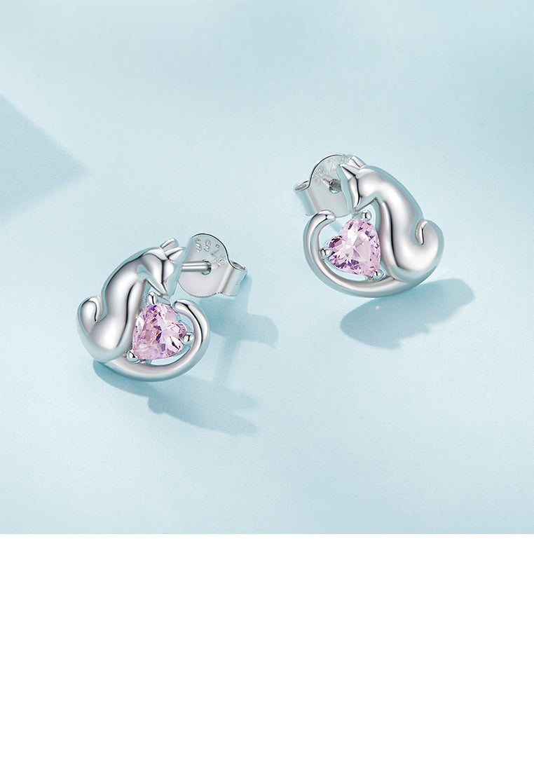 925 Sterling Silver Simple and Cute Cat Earrings with Pink Cubic Zirconia - Luxurious Look - Vibrant Color