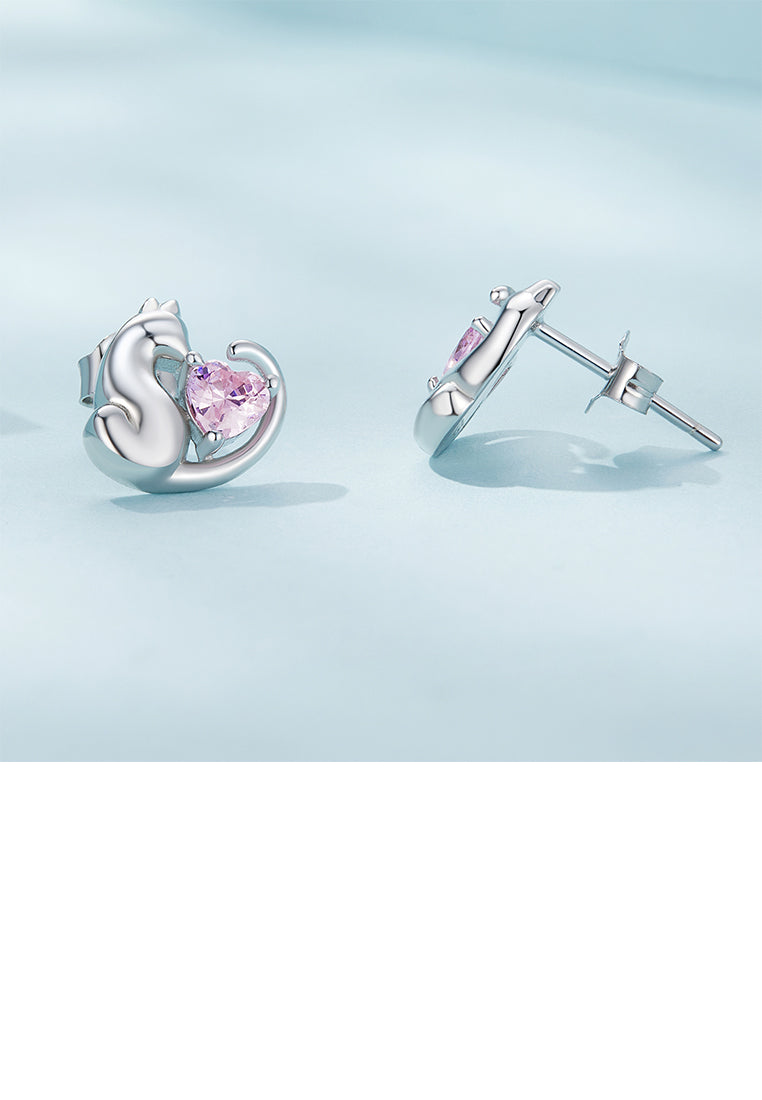 925 Sterling Silver Simple and Cute Cat Earrings with Pink Cubic Zirconia - Luxurious Look - Vibrant Color