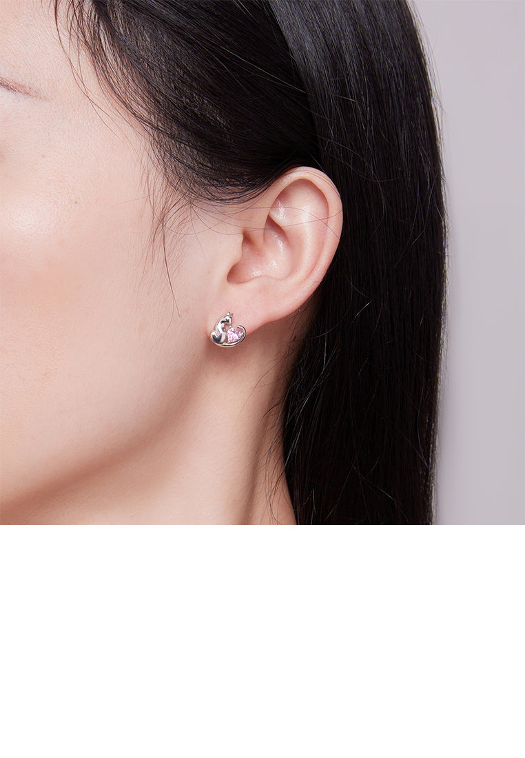 925 Sterling Silver Simple and Cute Cat Earrings with Pink Cubic Zirconia - Luxurious Look - Vibrant Color