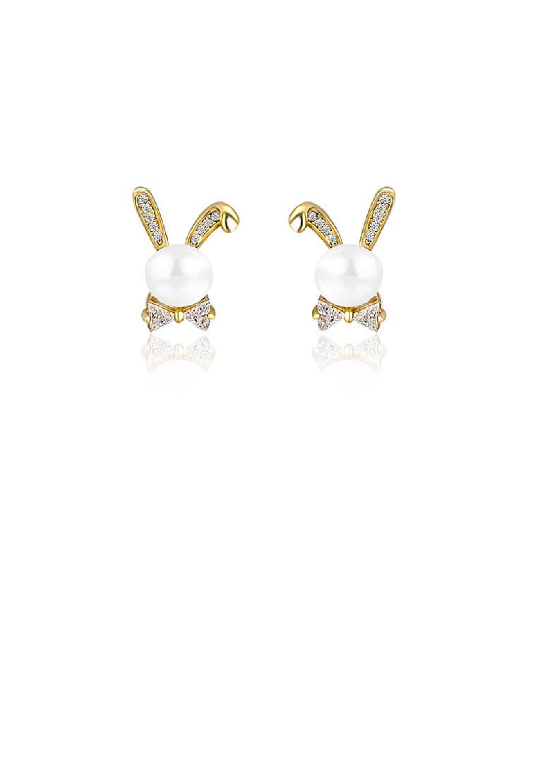 925 Sterling Silver Plated Gold Simple Cute Rabbit Freshwater Pearl Stud Earrings with Cubic Zirconia - Luxurious Look