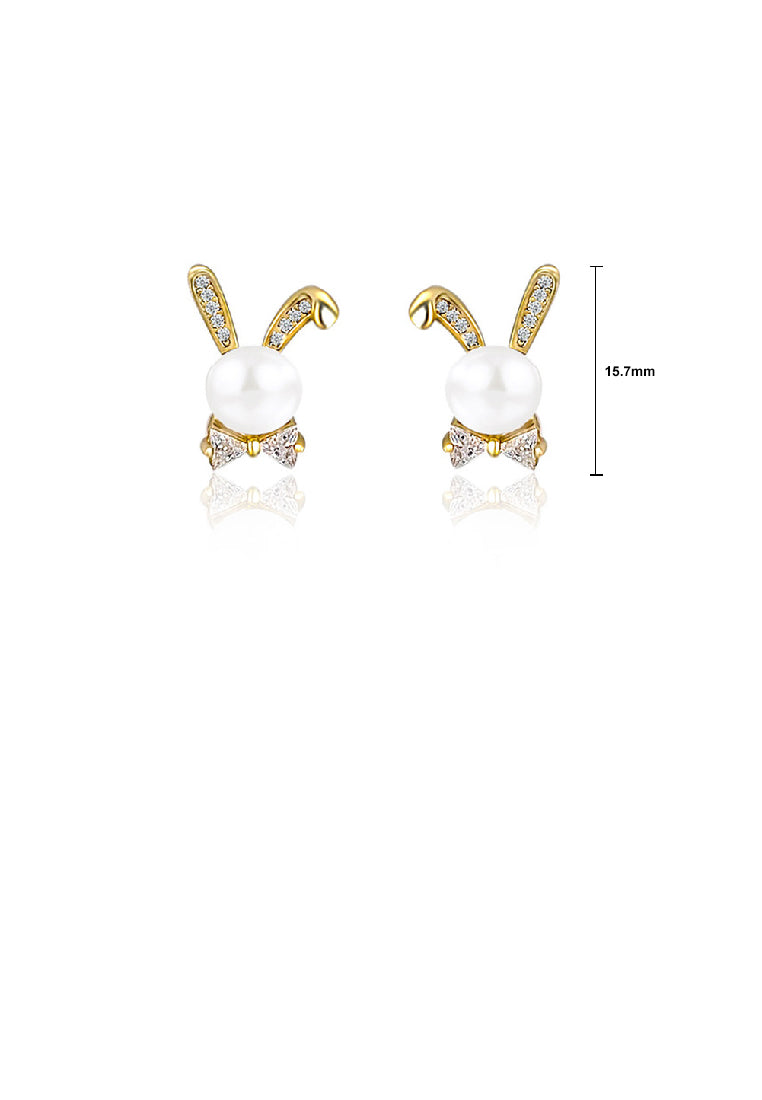 925 Sterling Silver Plated Gold Simple Cute Rabbit Freshwater Pearl Stud Earrings with Cubic Zirconia - Luxurious Look
