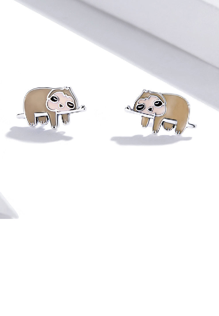 925 Sterling Silver Simple Cute Enamel Sloth Stud Earrings