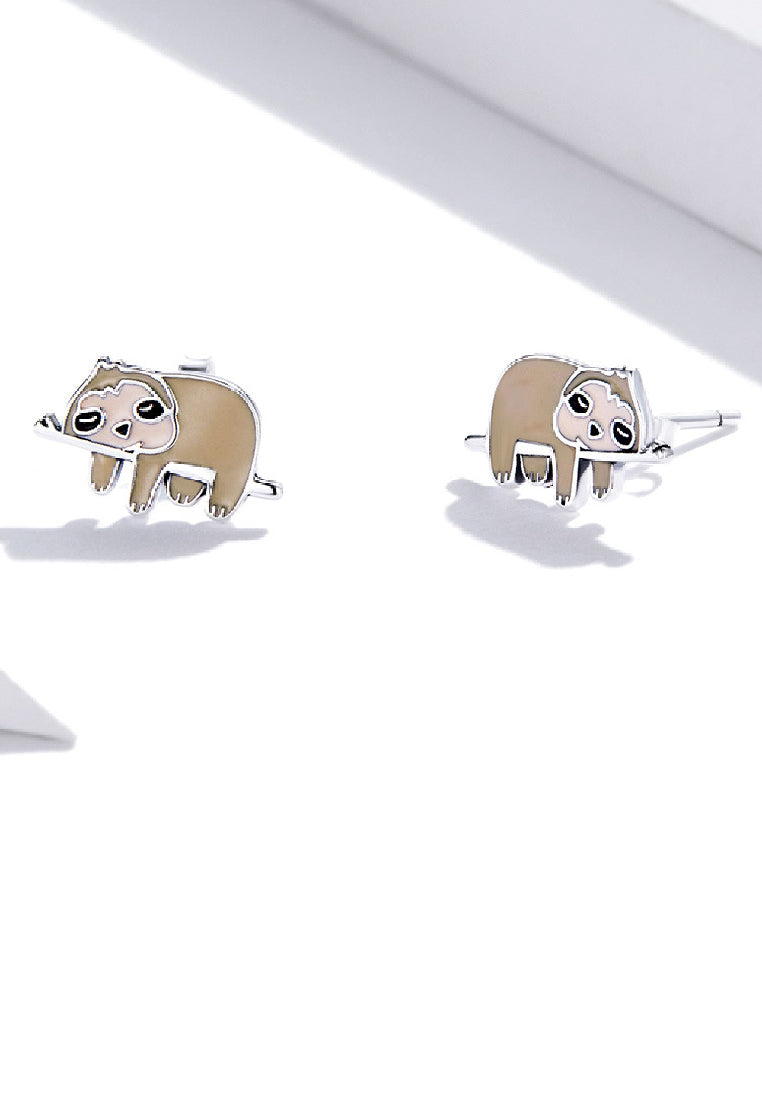 925 Sterling Silver Simple Cute Enamel Sloth Stud Earrings