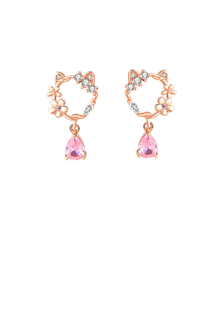 925 Sterling Silver Plated Rose Gold Fashion Sweet Hollow Cat Flower Earrings with Cubic Zirconia - Luxurious Look