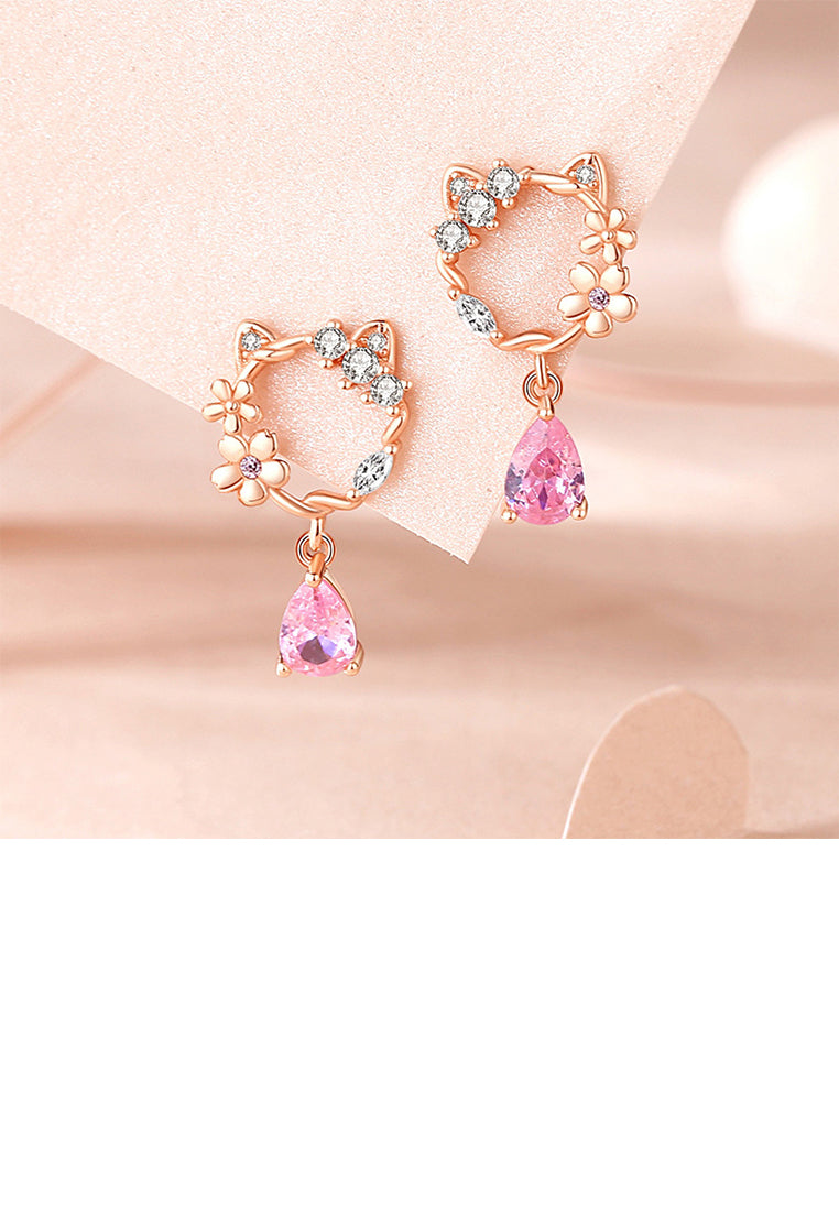 925 Sterling Silver Plated Rose Gold Fashion Sweet Hollow Cat Flower Earrings with Cubic Zirconia - Luxurious Look