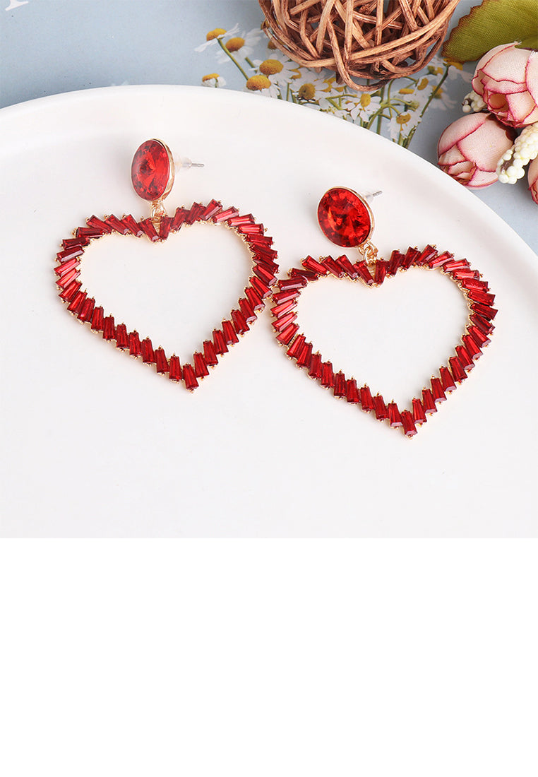 Simple and Fashion Plated Gold Hollow Heart-shaped Earrings with Red Cubic Zirconia - Luxurious Look - Vibrant Color