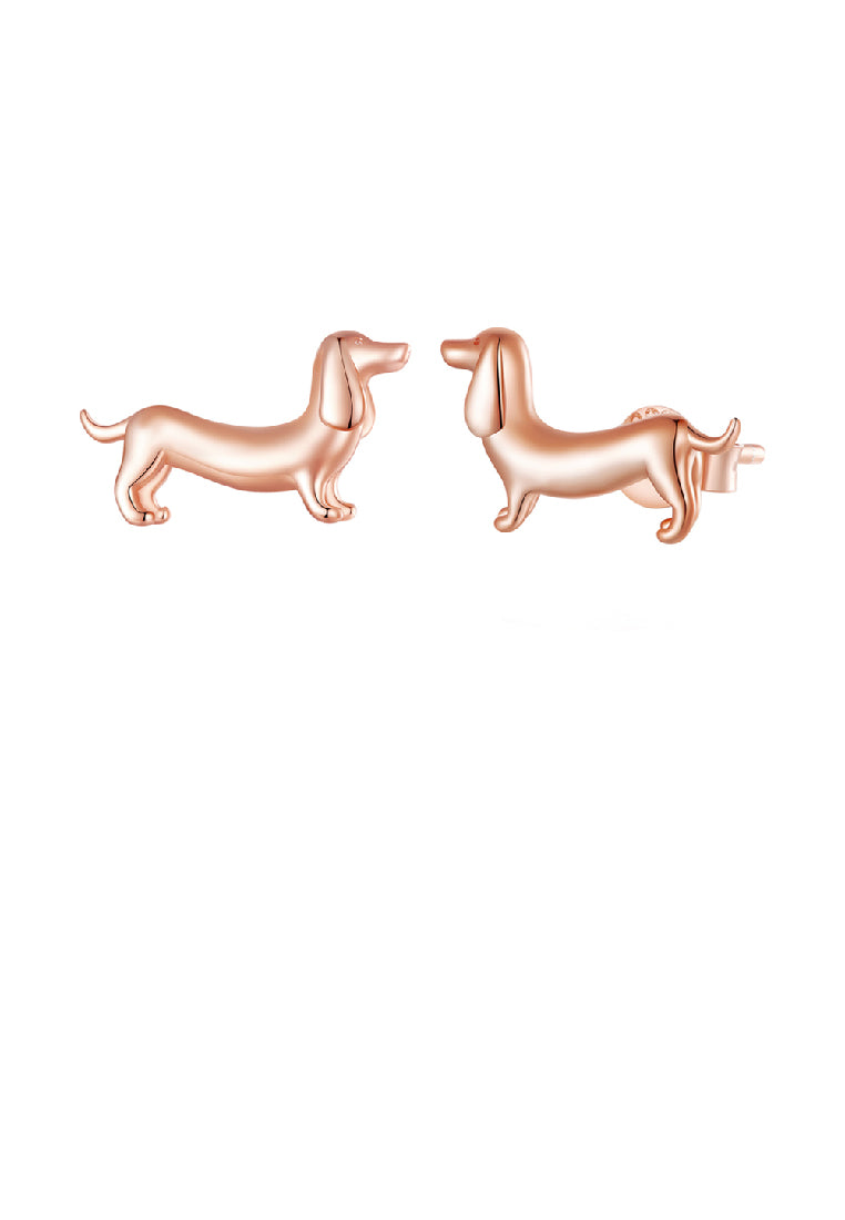 925 Sterling Silver Plated Rose Gold Simple Cute Dachshund Stud Earrings with Cubic Zirconia - Luxurious Look
