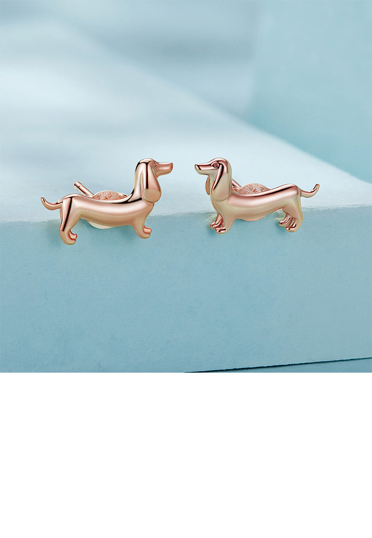 925 Sterling Silver Plated Rose Gold Simple Cute Dachshund Stud Earrings with Cubic Zirconia - Luxurious Look