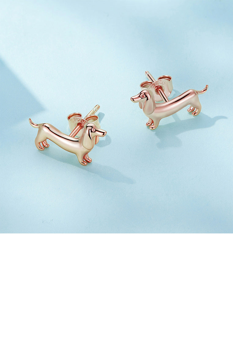 925 Sterling Silver Plated Rose Gold Simple Cute Dachshund Stud Earrings with Cubic Zirconia - Luxurious Look