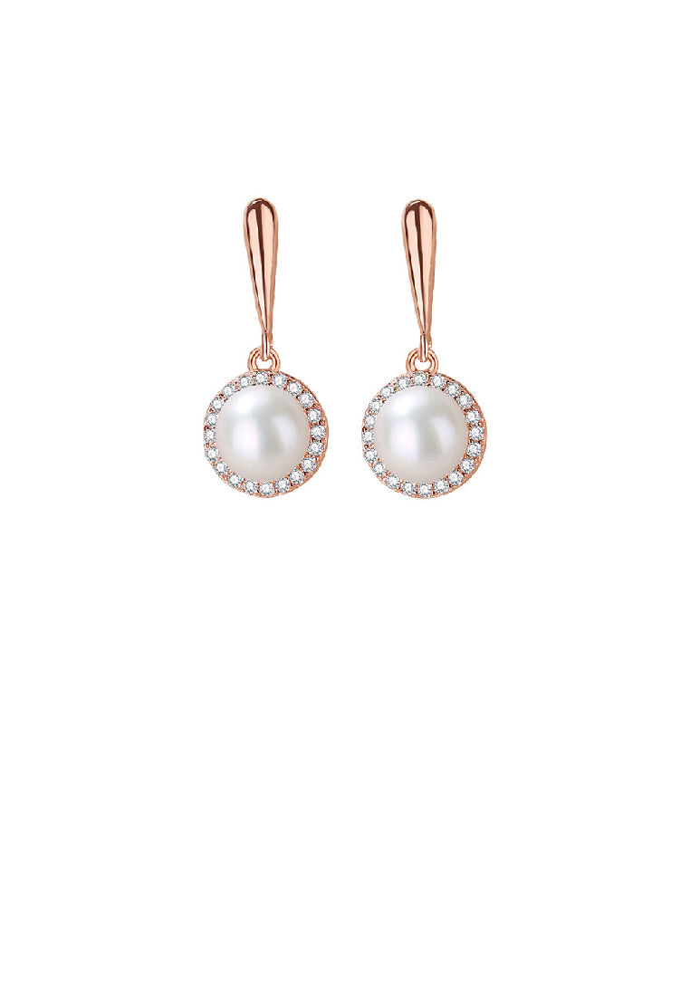 925 Sterling Silver Plated Rose Gold Fashion Elegant Geometric Imitation Pearl Earrings with Cubic Zirconia - Luxurious Look