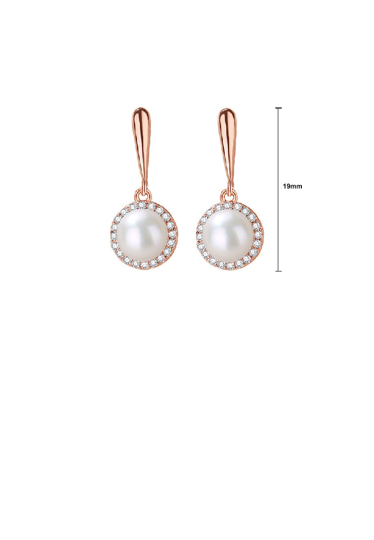 925 Sterling Silver Plated Rose Gold Fashion Elegant Geometric Imitation Pearl Earrings with Cubic Zirconia - Luxurious Look