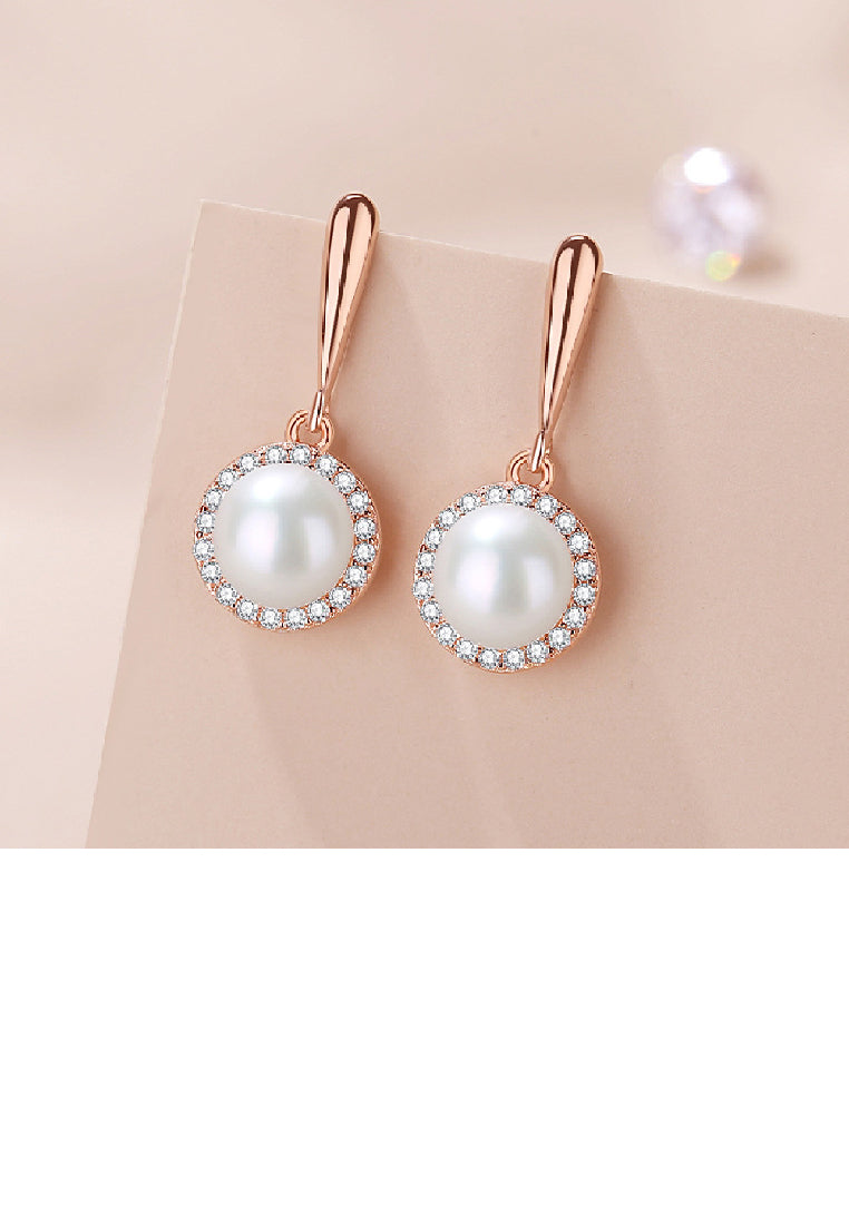 925 Sterling Silver Plated Rose Gold Fashion Elegant Geometric Imitation Pearl Earrings with Cubic Zirconia - Luxurious Look